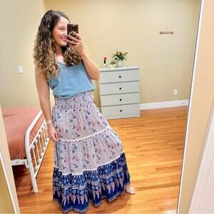 NWT Alicia Bell Blue Pink Boho Floral Cotton Silk Maxi Skirt Large